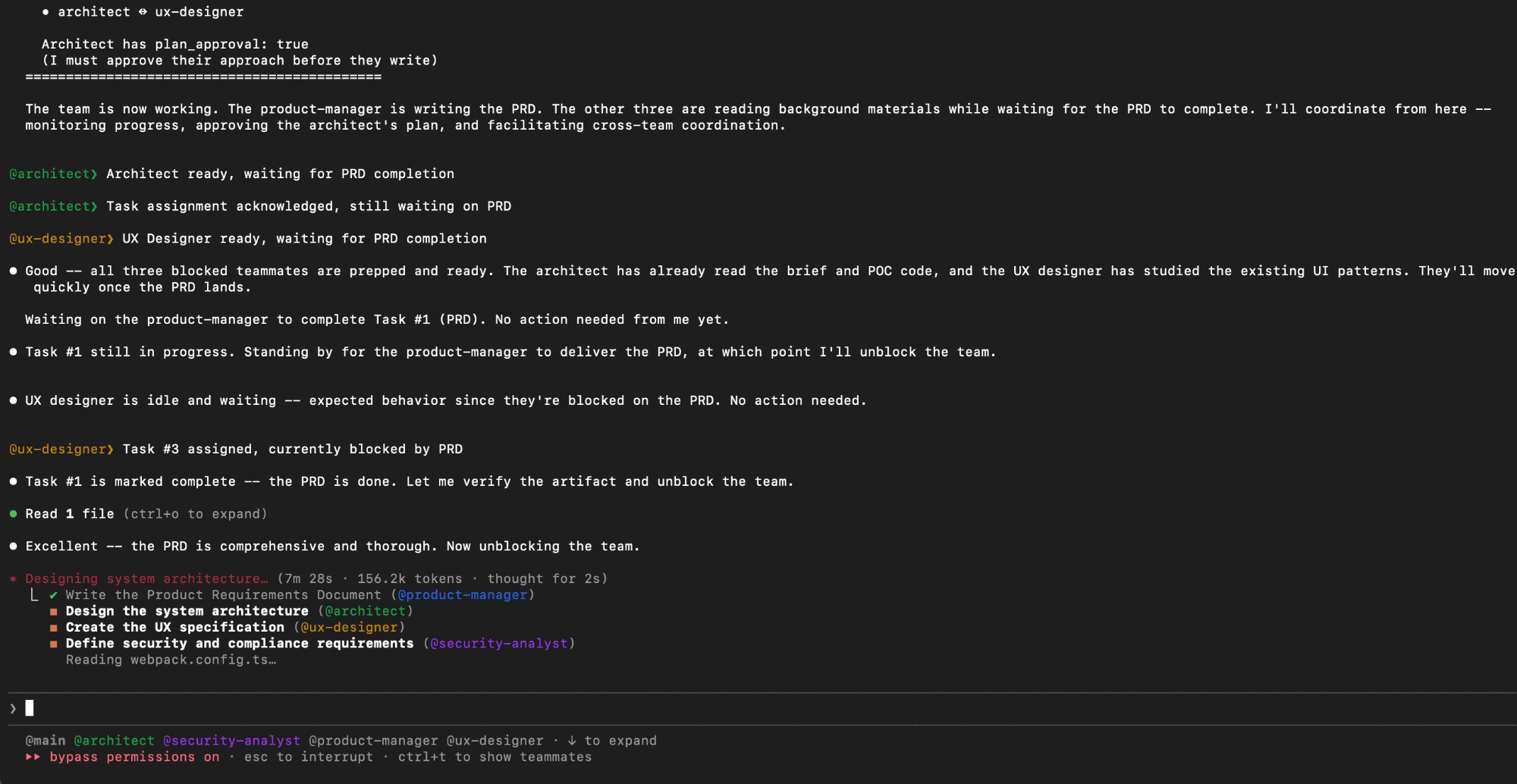 SNIPER plan phase showing 4 agents coordinating on PRD, architecture, UX, and security