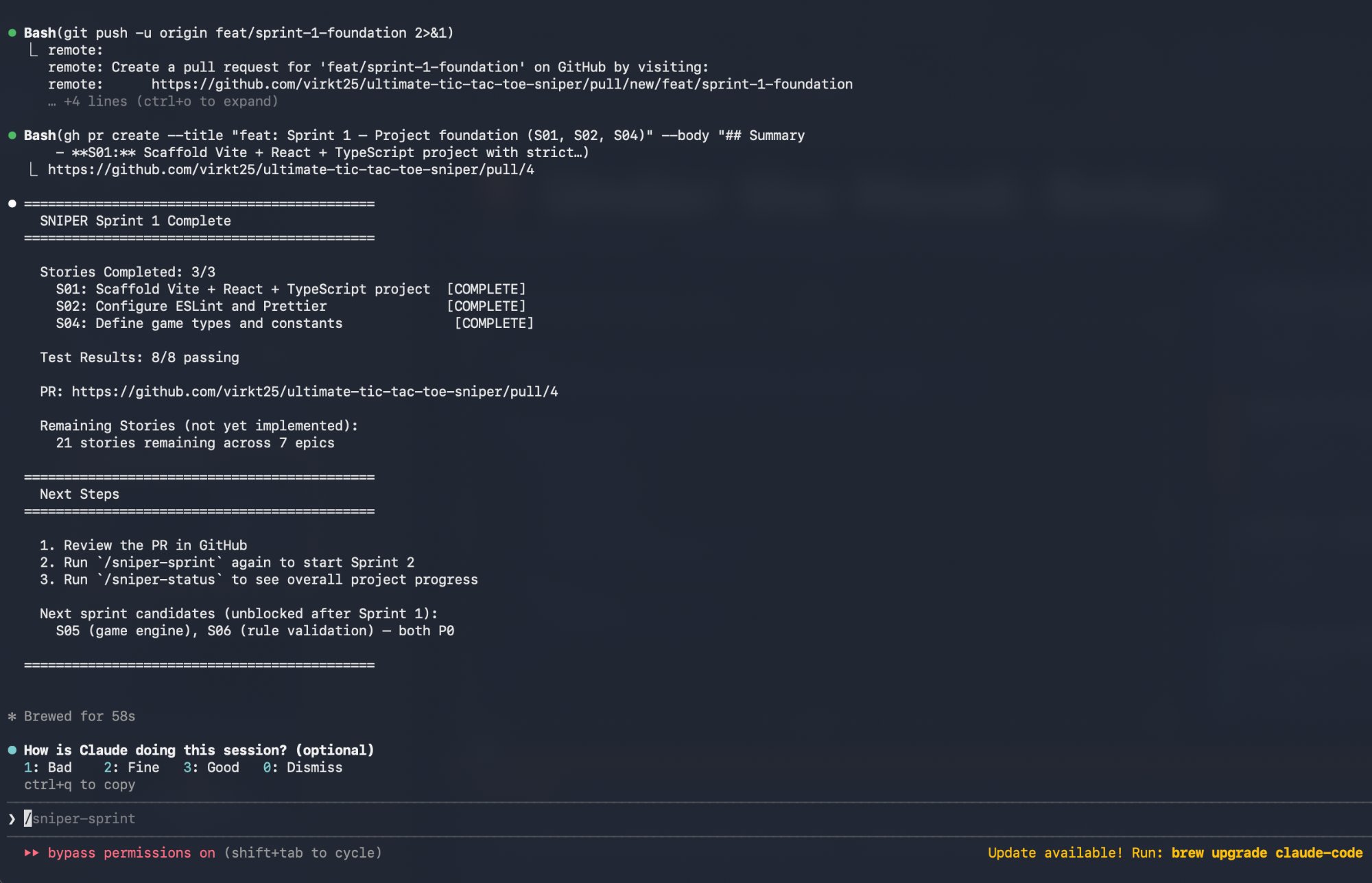 Sprint complete with PR created and test results