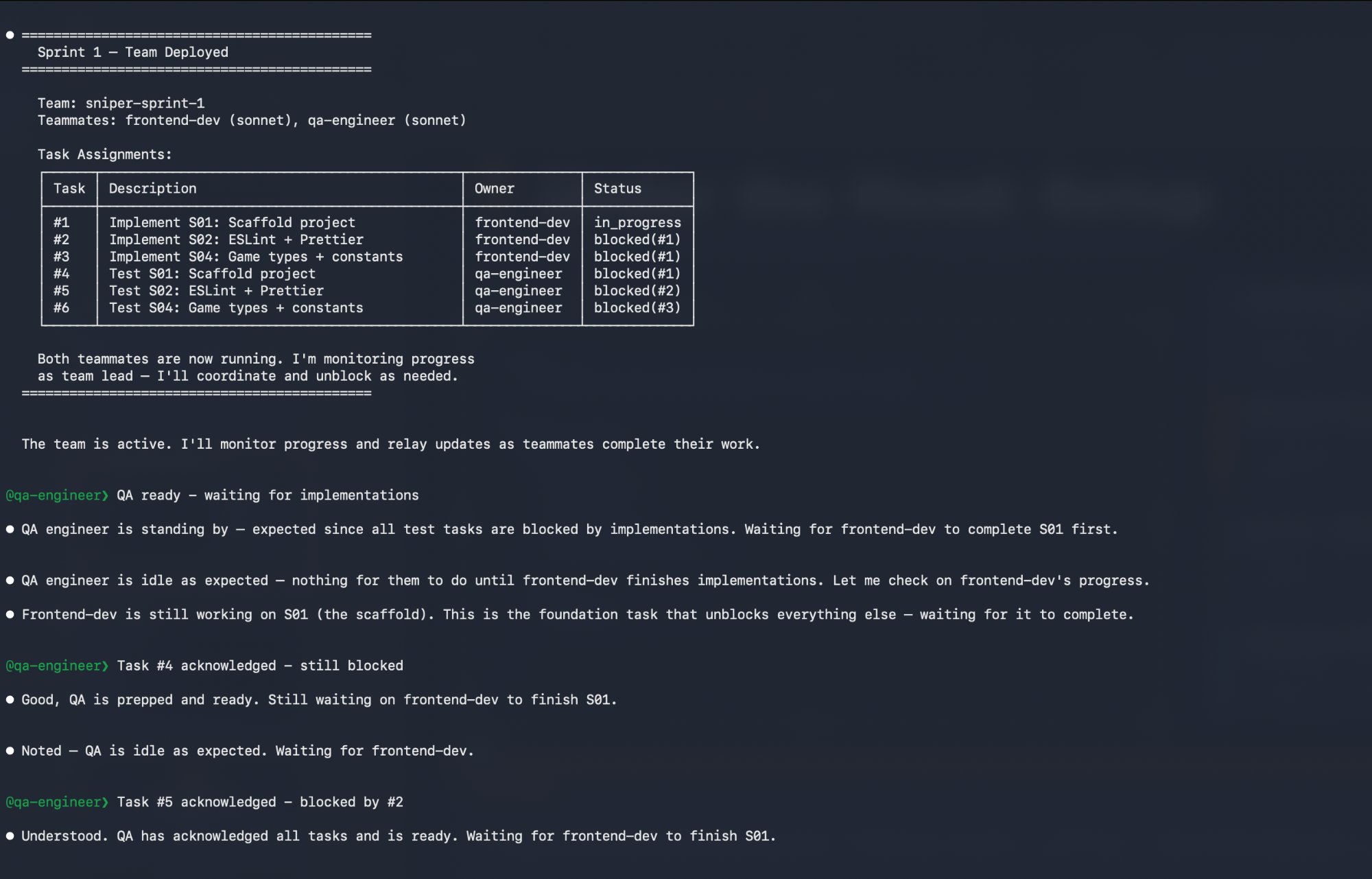 SNIPER sprint with frontend-dev and qa-engineer working in parallel