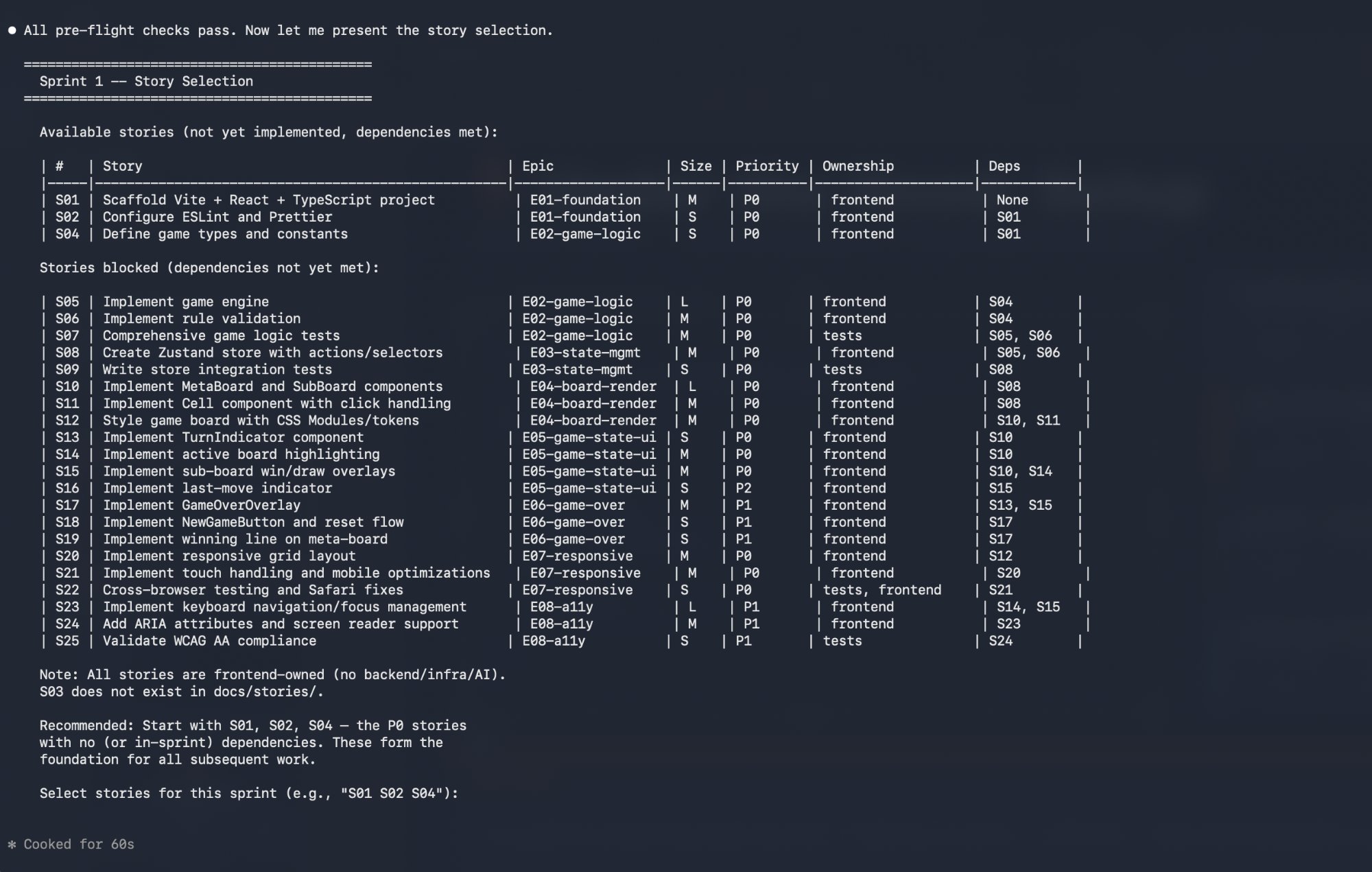 SNIPER solve phase showing story selection with dependencies